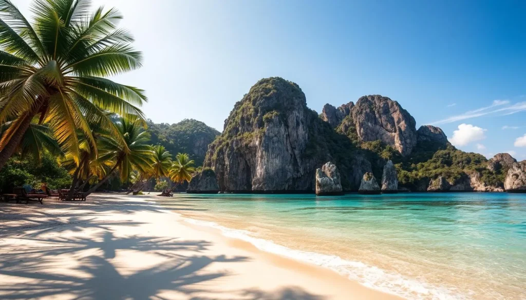 Koh Tao during the dry season, a breathtaking island paradise. Capture the sun-drenched beaches, the crystal-clear turquoise waters gently lapping the shore. Tall palm trees sway in the gentle breeze, casting soft shadows on the sun-kissed sand. In the distance, rugged limestone cliffs rise majestically, their weathered faces bathed in warm, golden light. Vibrant marine life dances beneath the surface, inviting explorers to dive into this underwater wonderland. Convey the serene, tranquil atmosphere of this tropical haven, where time seems to stand still and every moment is a paradise found.