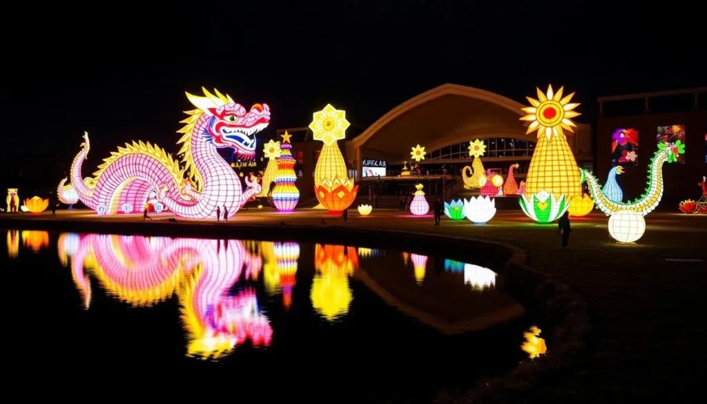 Koka Booth Amphitheatre during the North Carolina Chinese Lantern Festival with colorful illuminated displays reflected in Symphony Lake