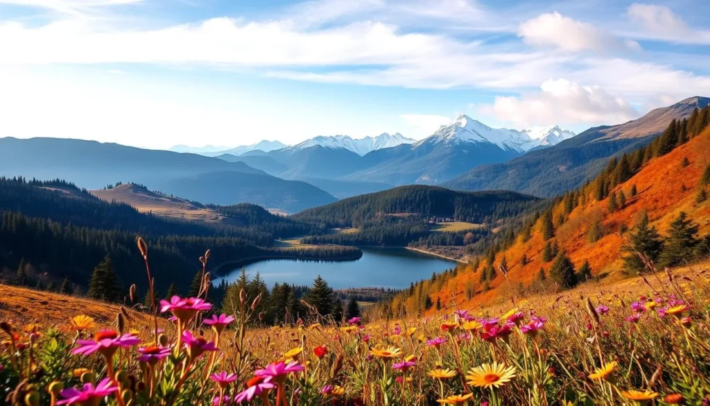 Krkonose National Park in the Czech Republic, a breathtaking landscape of rolling hills, dense forests, and winding streams. Capture the seasonal splendor of this natural wonder - vibrant wildflowers adorn the foreground, while the middle ground features a tranquil lake reflecting the surrounding peaks. In the distance, majestic snow-capped mountains rise, bathed in soft, golden sunlight. The scene exudes a sense of peaceful serenity, inviting the viewer to imagine a day of hiking, exploring, and immersing oneself in the park's pristine beauty. Shoot with a wide-angle lens to convey the vastness and grandeur of this spectacular destination.