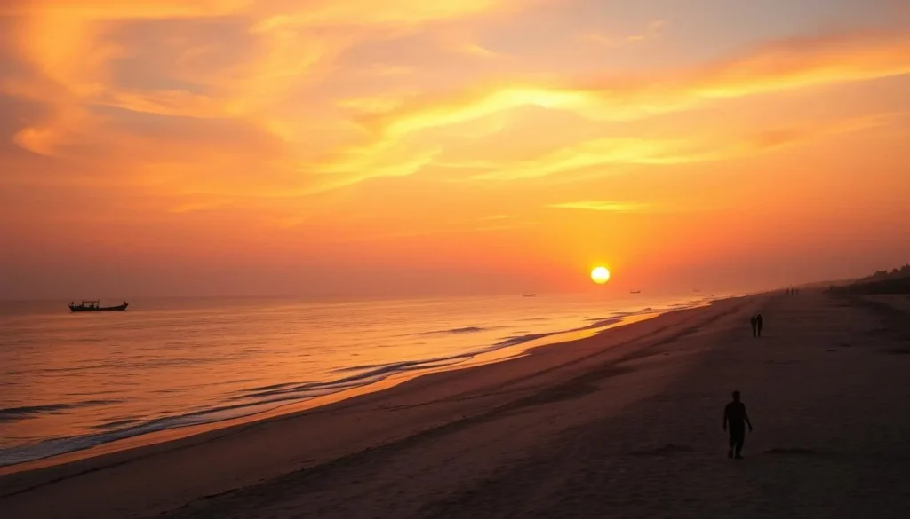 Kuakata Sea Beach at sunrise with golden light illuminating the expansive shoreline and silhouettes of early morning visitors