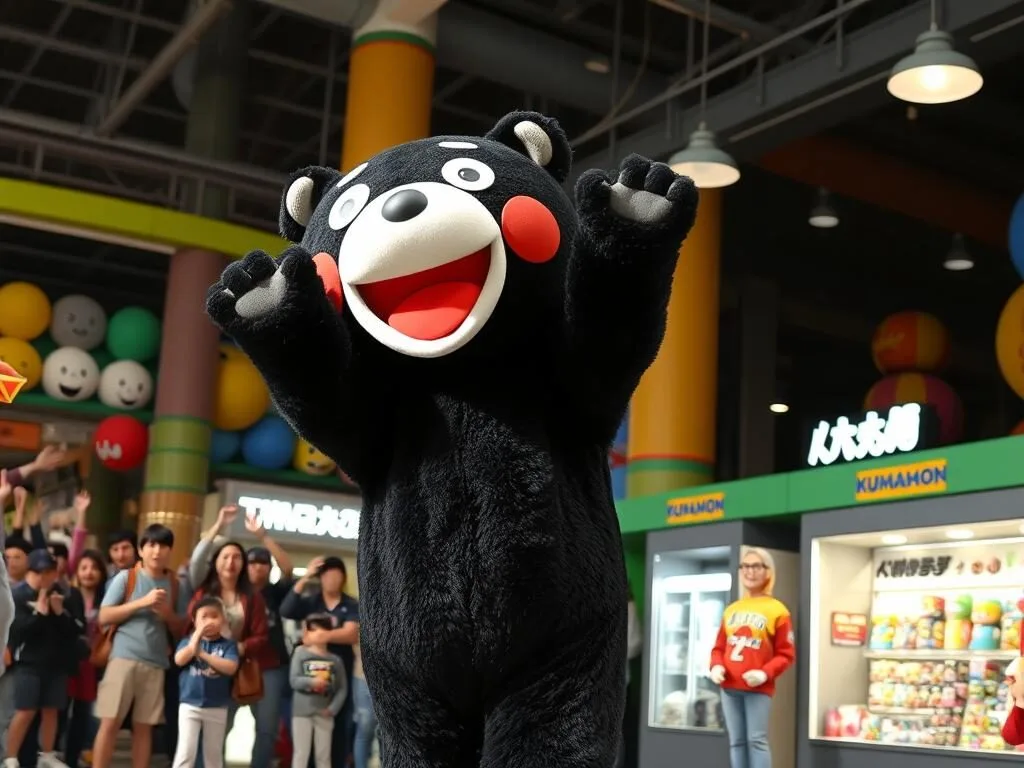 Kumamon, the popular black bear mascot of Kumamoto, performing at Kumamon Square where visitors can meet the character and purchase merchandise Kumamon, the popular black bear mascot of Kumamoto, performing at Kumamon Square where visitors can meet the character and purchase merchandise
