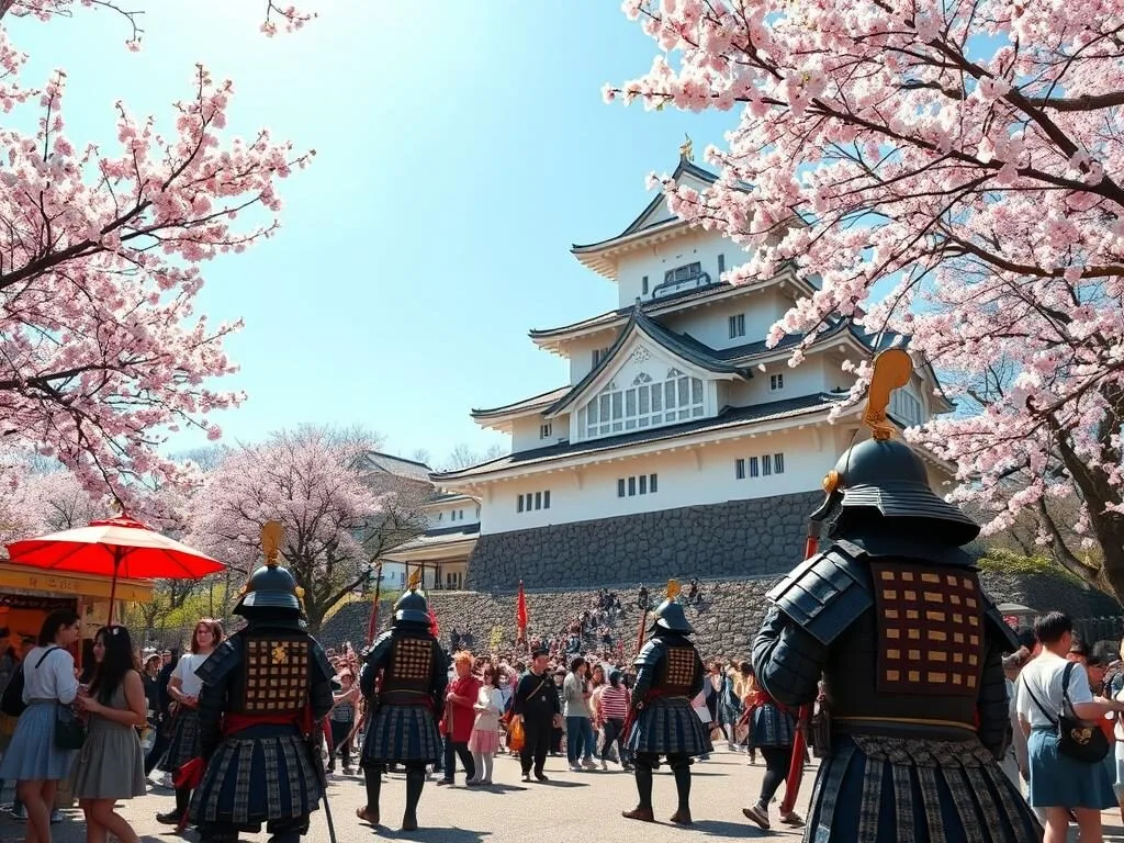 Kumamoto Castle Festival with samurai parade, traditional performances, and cherry blossoms surrounding the historic castle Kumamoto Castle Festival with samurai parade, traditional performances, and cherry blossoms surrounding the historic castle