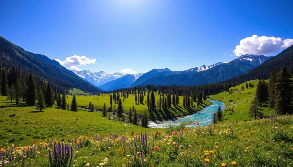Kumrat Valley, Pakistan in summer with lush green meadows, blooming wildflowers, and clear blue skies