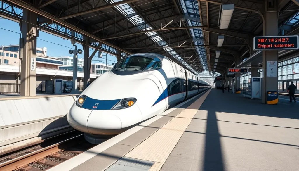 Kyushu Shinkansen bullet train arriving at Kumamoto Station, showing the modern transportation infrastructure in Kumamoto, Japan Kyushu Shinkansen bullet train arriving at Kumamoto Station, showing the modern transportation infrastructure in Kumamoto, Japan