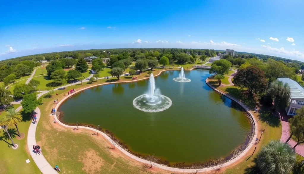Lafreniere Park in Metairie showing the lagoon, walking paths, and green spaces on a sunny day