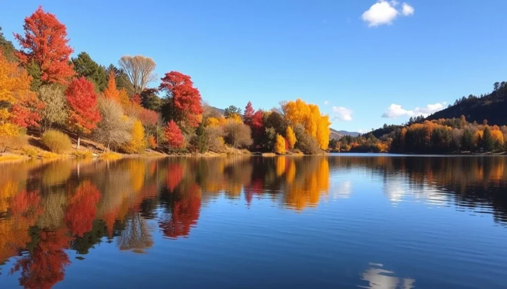 Lake Temescal in autumn with fall foliage reflecting in the water