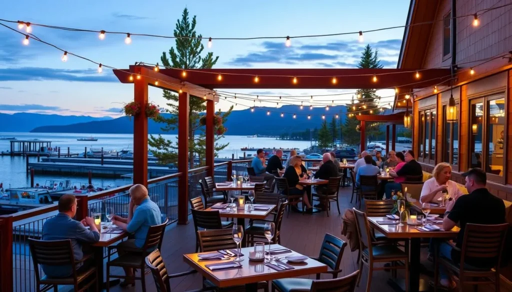 Lakefront restaurant deck with views of Lake Tahoe at sunset Lakefront restaurant deck with views of Lake Tahoe at sunset