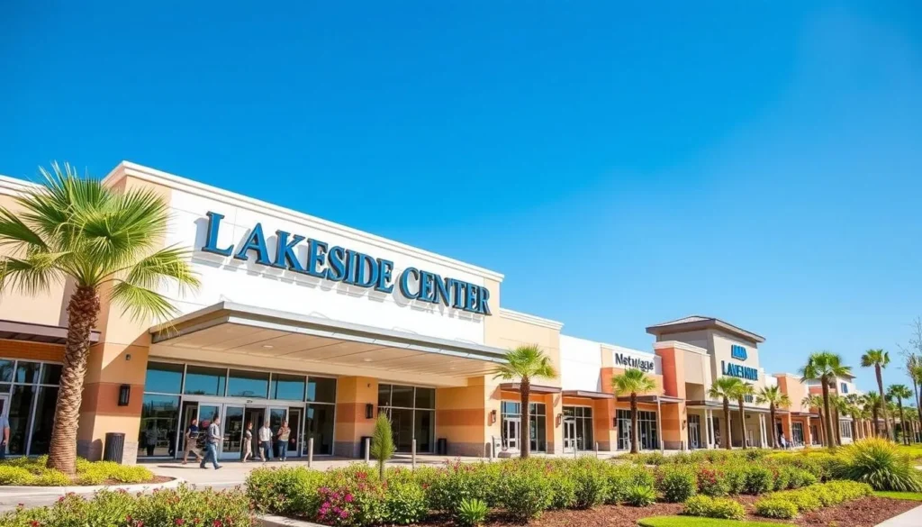 Lakeside Shopping Center in Metairie showing the modern mall entrance with shoppers on a bright day