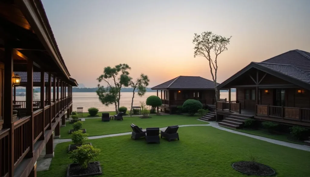 Lakeside resort accommodation at Kaptai Lake with traditional architecture and water views
