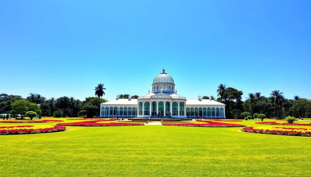 Lalbagh Botanical Garden with the iconic Glass House and colorful flower displays Lalbagh Botanical Garden with the iconic Glass House and colorful flower displays