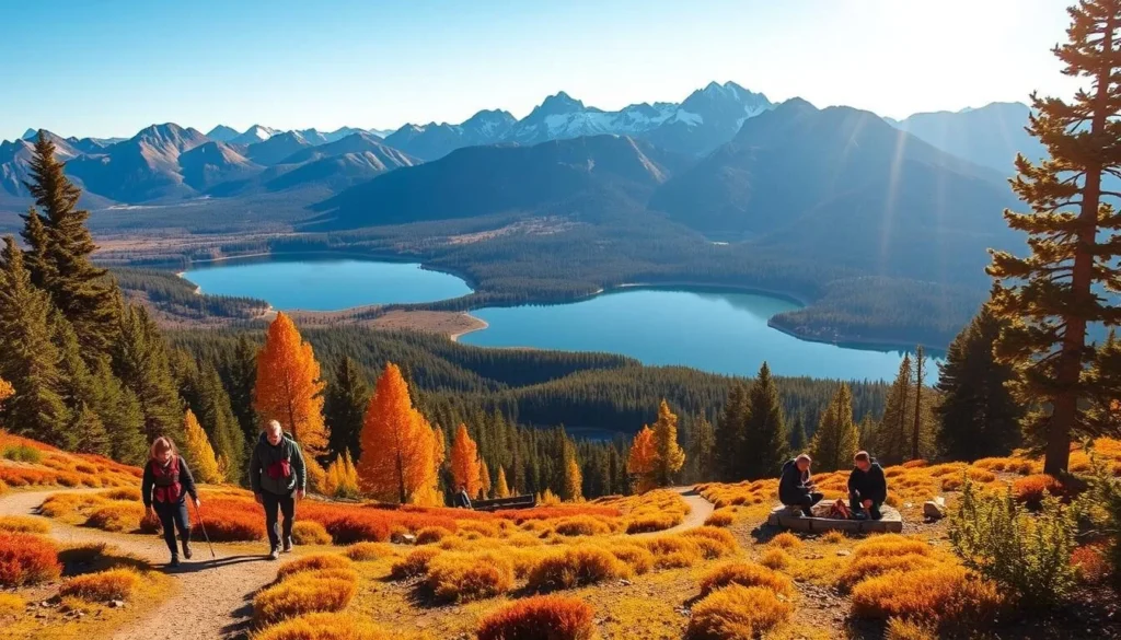 Lassen Volcanic National Park in autumn: a panoramic vista of vibrant foliage, snow-capped peaks, and a crystal-clear lake. In the foreground, hikers explore a winding trail, taking in the breathtaking scenery bathed in warm, golden sunlight. In the middle ground, a family gathers around a campfire, roasting marshmallows as they savor the crisp mountain air. The background features the majestic, rugged silhouette of the park's volcanic landscape, hinting at the park's geological wonders. The entire scene conveys a sense of peaceful tranquility and the joy of outdoor adventure.