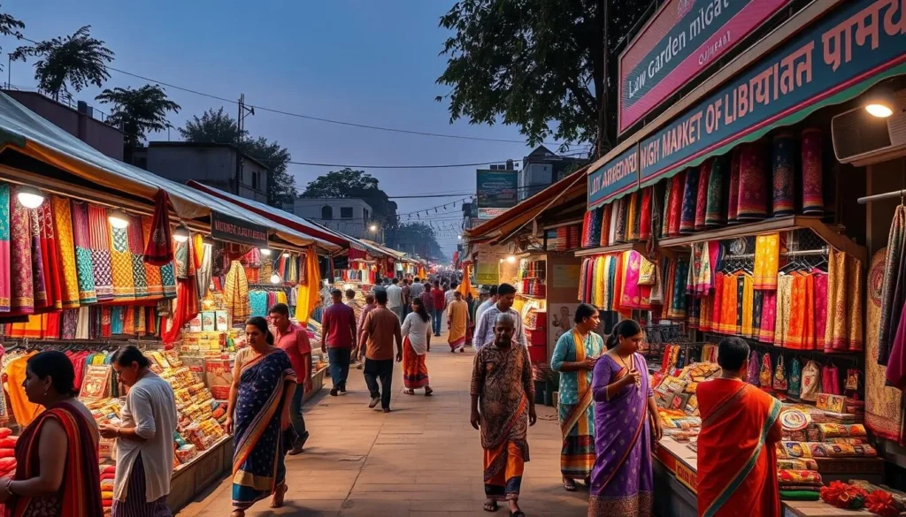 Law Garden Night Market in Ahmedabad showing colorful stalls selling traditional Gujarati clothing and handicrafts Law Garden Night Market in Ahmedabad showing colorful stalls selling traditional Gujarati clothing and handicrafts