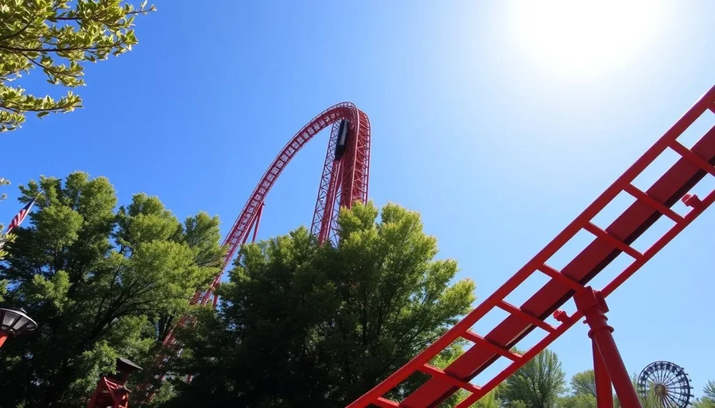 Lightning Rod wooden roller coaster at Dollywood with a train climbing the lift hill