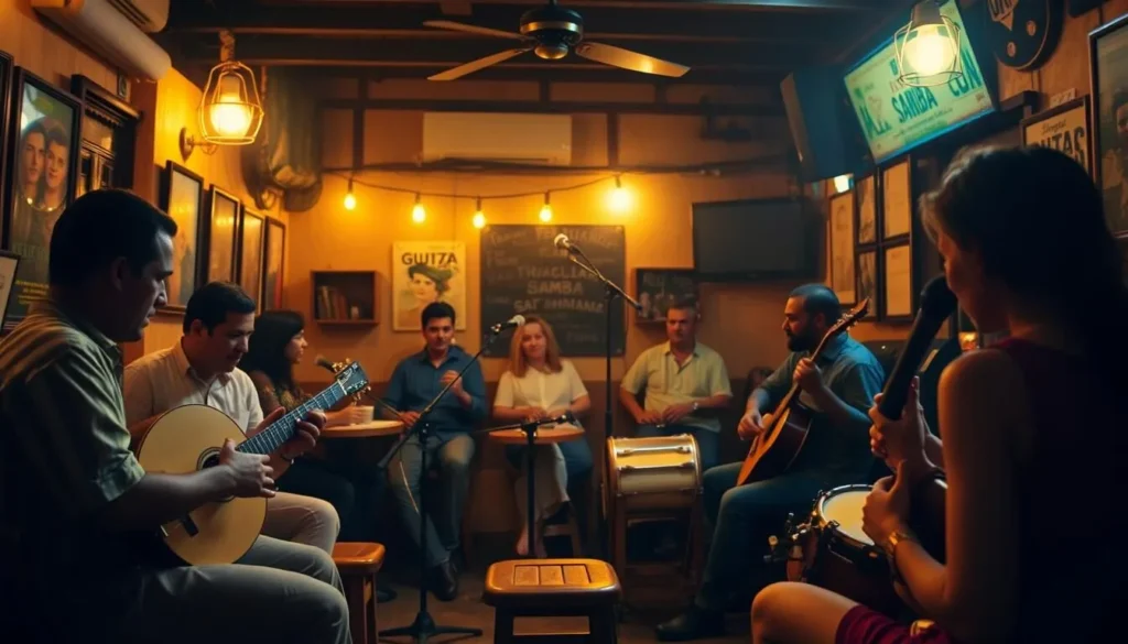 Live samba performance in a traditional Rio venue with musicians and dancers