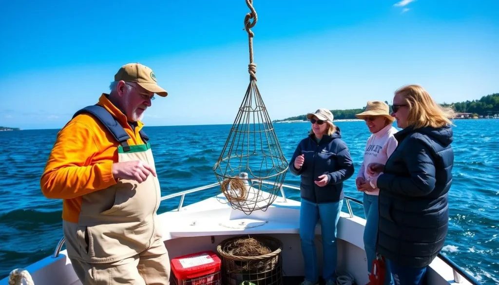 Lobster boat tour in Kennebunk Maine waters showing trap pulling