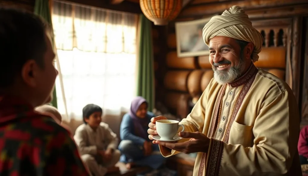 Local Chitrali man in traditional Pakol hat serving green tea to visitors, Pakistan