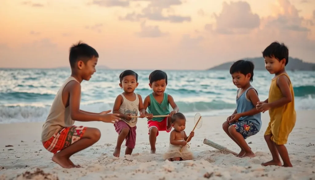 Local Filipino children playing on the beach at sunset on Malapascua Island Local Filipino children playing on the beach at sunset on Malapascua Island
