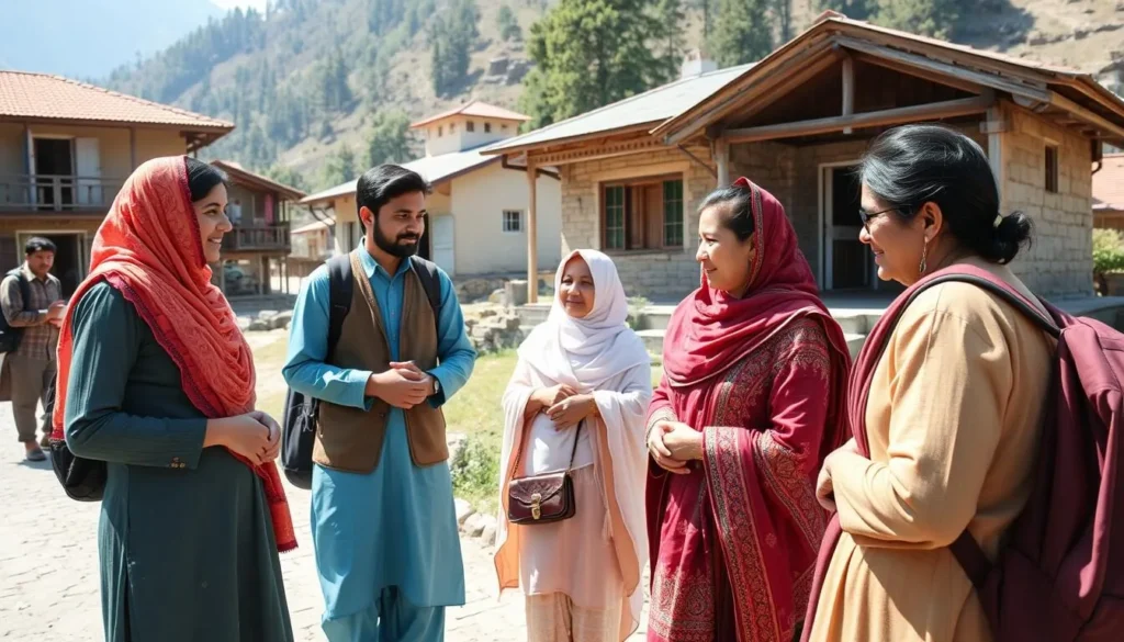 Local Kashmiri people in traditional dress welcoming visitors in a village in Neelam Valley Local Kashmiri people in traditional dress welcoming visitors in a village in Neelam Valley