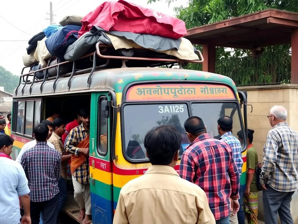 Local bus service in Jamalpur district with passengers boarding