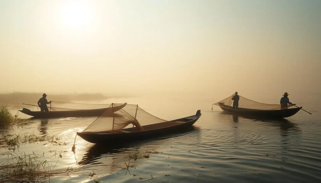 Local fishermen using traditional fishing methods in Chalan Beel, Bangladesh