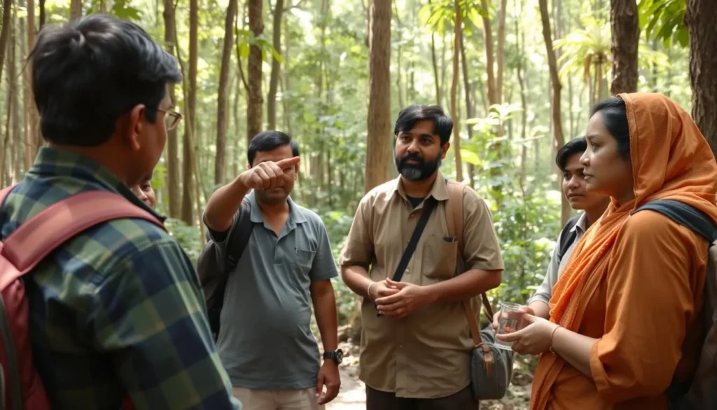 Local guide explaining forest conservation efforts to visitors in Kadigarh National Park