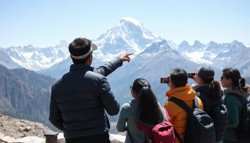 Local guide explaining mountain features to tourists at Fairy Meadows, Pakistan Local guide explaining mountain features to tourists at Fairy Meadows, Pakistan