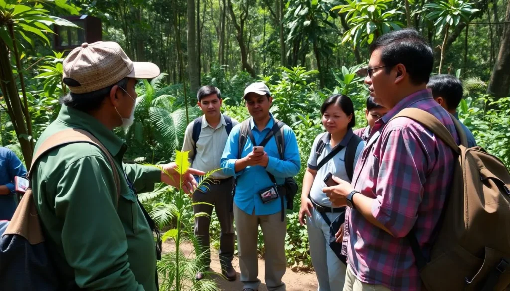 Local guide explaining plant species to visitors in Khadim Nagar National Park Bangladesh