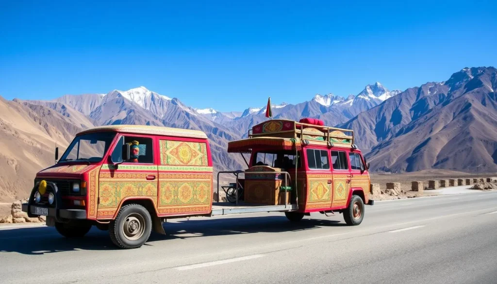 Local jeep transportation in Hunza Valley with mountains in background