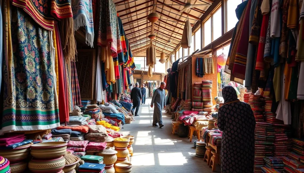 Local market in Abbottabad with colorful textiles and handicrafts