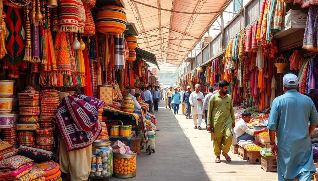 Local market scene in Bahawalpur showing traditional crafts, textiles, and daily life