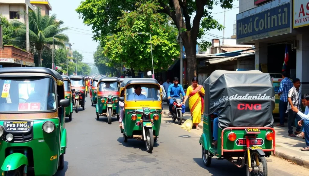 Local transportation in Feni with rickshaws and CNGs on a busy street