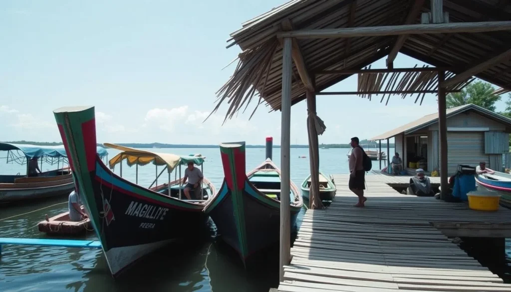 Local transportation in Linapacan showing traditional Filipino boats at a small wooden pier