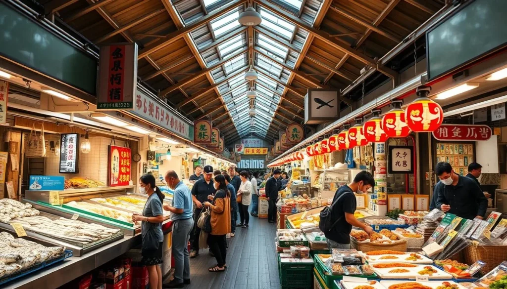 Locals shopping at Kuromon Ichiba Market with fresh seafood and produce displays