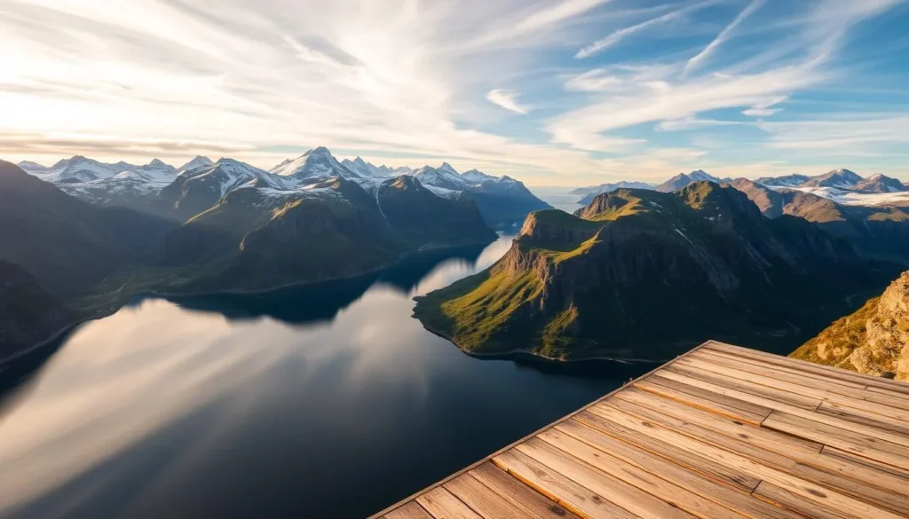 Lofotodden National Park, Norway, with its dramatic fjords, rugged peaks, and serene coastal landscapes. Capture a scenic vista from a high vantage point, showcasing the park's picturesque beauty. The foreground features a weathered wooden jetty extending into a calm, mirror-like fjord, reflecting the surrounding mountains. In the middle ground, snow-capped peaks rise majestically, their slopes dotted with vibrant green vegetation. The background is a panoramic view of the dramatic, jagged coastline, bathed in warm, golden sunlight filtering through wispy clouds. Convey a sense of tranquility, wonder, and the raw, untamed power of nature.