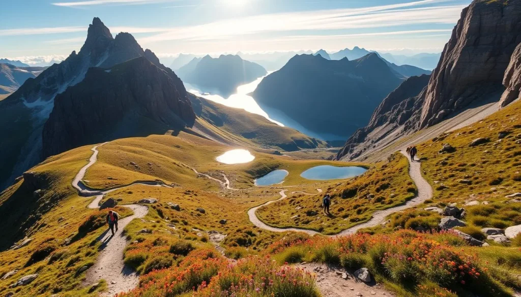 Lofotodden National Park trails, Norway: Winding paths lead through rugged mountain landscapes, dotted with vibrant wildflowers and tranquil lakes. Warm sunlight filters through towering peaks, casting long shadows across the terrain. Hikers navigate the well-marked routes, taking in panoramic vistas of the iconic Lofoten Islands. Majestic fjords and dramatic cliffs frame the scene, creating a serene and awe-inspiring atmosphere. Capture the essence of this pristine wilderness with a wide-angle lens, showcasing the natural beauty and outdoor adventures that await visitors to Lofotodden.