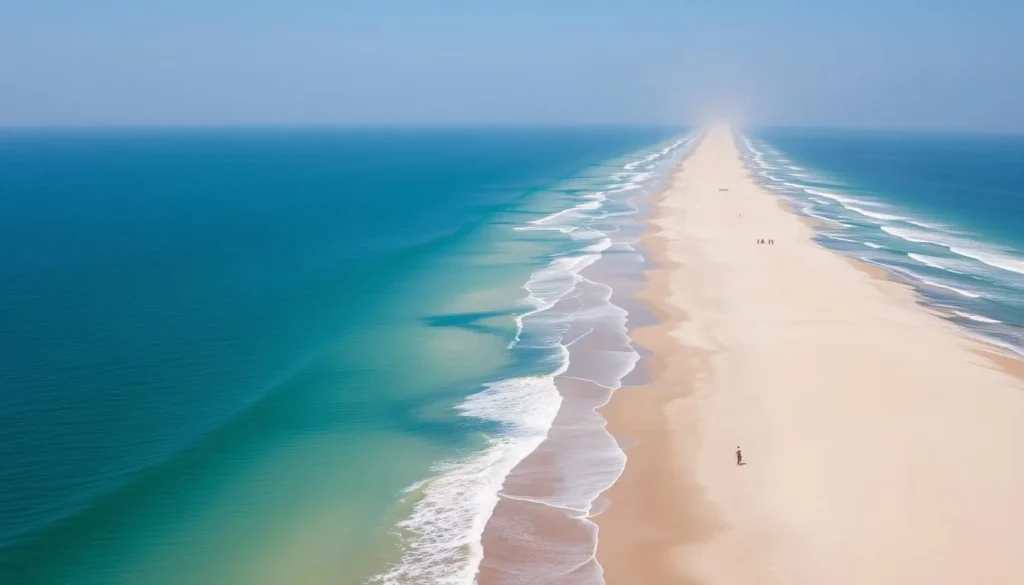 Long stretch of sandy beach at Cox's Bazar with waves from the Bay of Bengal