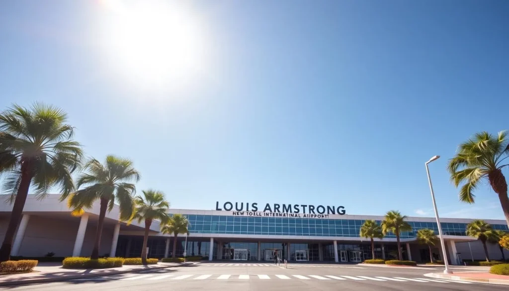Louis Armstrong New Orleans International Airport entrance with palm trees on a clear day