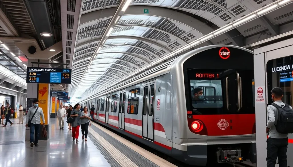 Lucknow Metro station with modern trains and infrastructure, showing an efficient way to get around the city