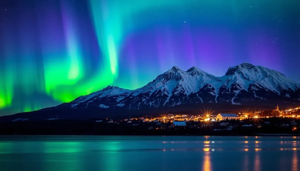 Lulea, a picturesque northern Swedish town, is bathed in the ethereal glow of the Aurora Borealis. In the foreground, a serene lake reflects the mesmerizing dance of vibrant green and purple lights across the night sky. Towering snow-capped mountains form the dramatic middle ground, their peaks piercing the aurora's shimmering curtain. In the distance, a small town nestled amongst the boreal forest adds a sense of scale and tranquility to the scene. The image is lit by the captivating natural illumination of the northern lights, casting a magical and serene atmosphere over the entire landscape. Capture the wonder and beauty of Lulea's Arctic gem in this stunning landscape.