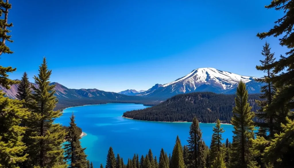 Lush evergreen forests, towering snow-capped peaks, and a serene azure lake set against a vibrant blue sky. Capture the breathtaking landscape of Lassen Volcanic National Park, where the dynamic forces of nature have sculpted a hidden gem in Northern California. Showcase the dramatic contrast between the rugged volcanic terrain and the tranquil waters of Manzanita Lake, framed by the majestic Mount Lassen in the background. Illuminate the scene with warm, golden sunlight that casts soft shadows and highlights the vibrant colors of the surrounding environment. Convey a sense of awe and wonder, inviting the viewer to immerse themselves in the serene and untamed beauty of this natural wonder.