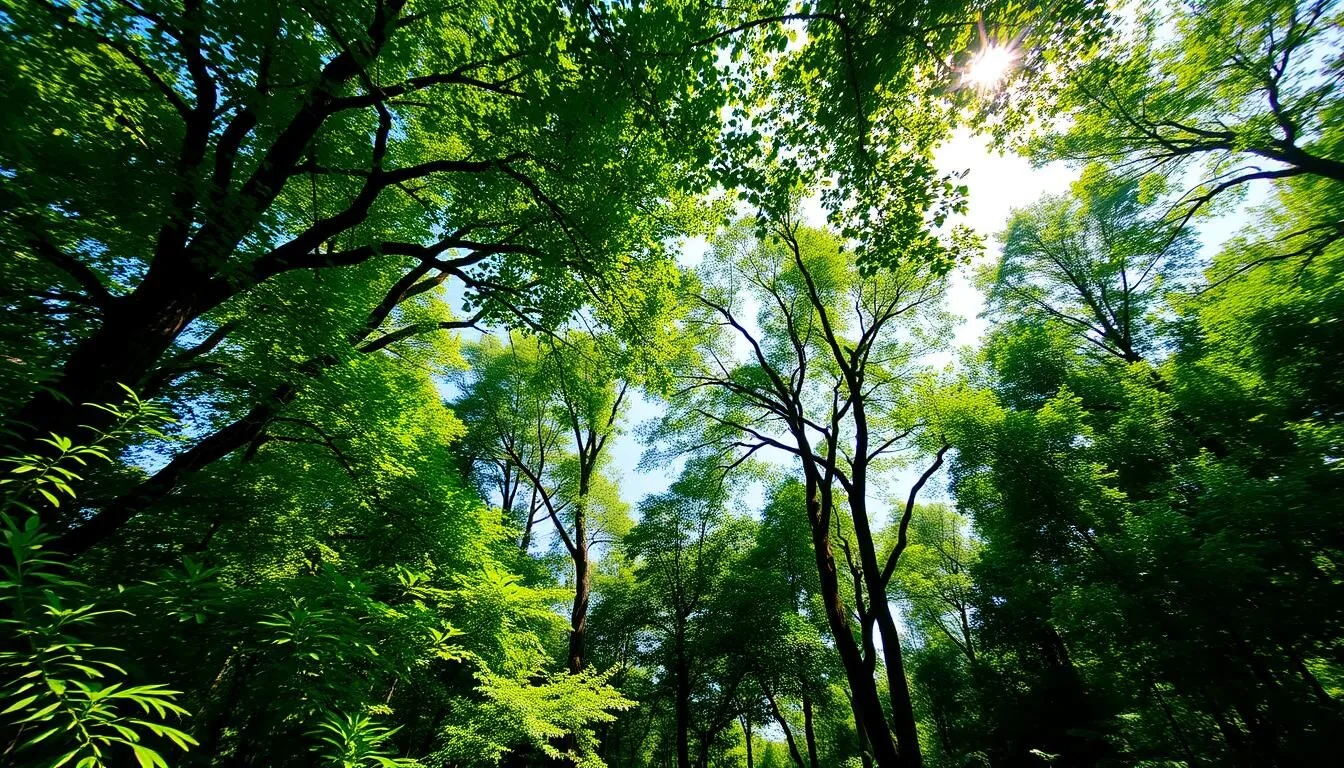 Lush green forest canopy of Khadim Nagar National Park Bangladesh with sunlight filtering through the trees