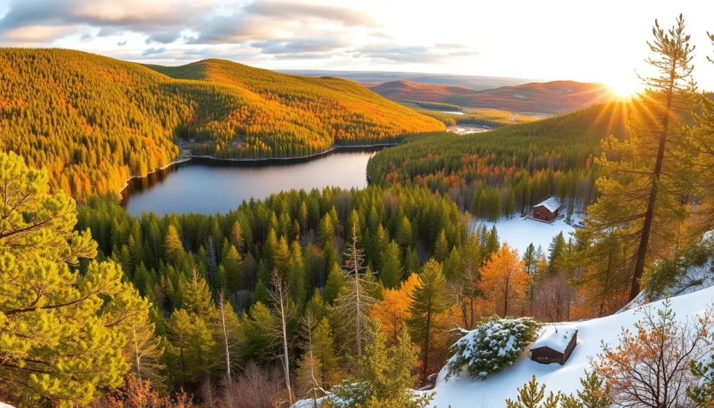 Lush green forests, glistening lakes, and gentle rolling hills set the stage for the captivating seasonal highlights of Norra Kvill National Park in Sweden. Vibrant spring blooms burst forth, while summer days are graced with warm sunlight filtering through the canopy. As autumn arrives, the landscape transforms into a tapestry of golden hues, with crisp air and serene reflections in the waters. Finally, the park is blanketed in a pristine winter wonderland, with snow-covered trails and frozen lakes inviting exploration. Capture the essence of this enchanting natural haven through a wide-angle lens, showcasing the park's diverse beauty across the changing seasons.