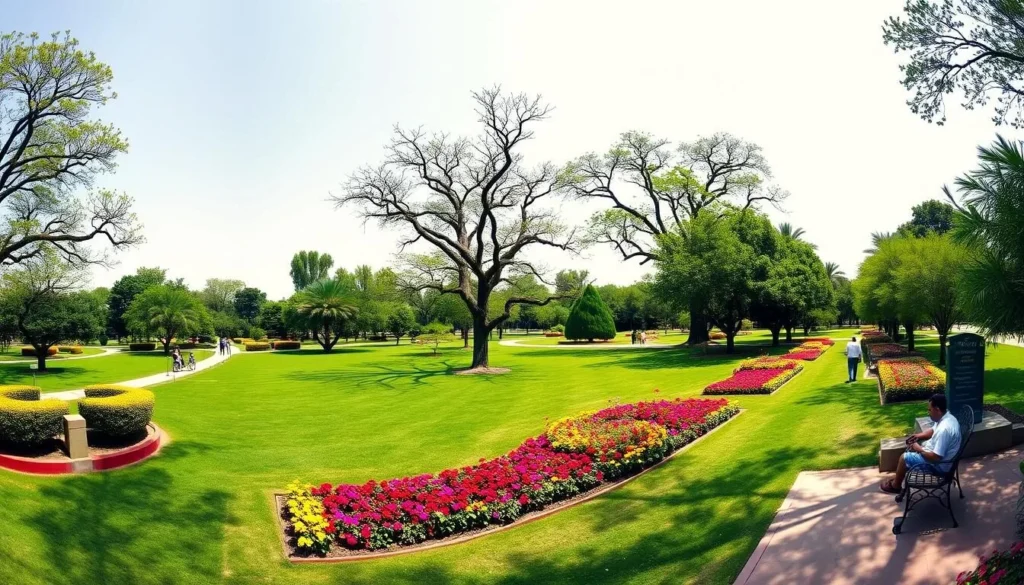 Lush green landscapes of Jinnah Garden in Faisalabad with walking paths and relaxing visitors