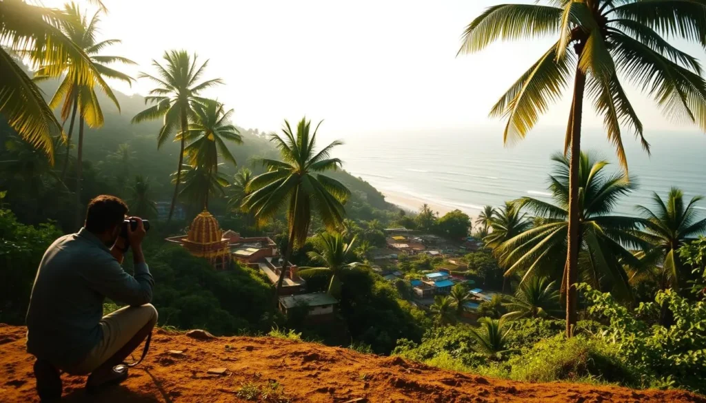 Lush green landscapes, towering coconut palms, and golden sunlight cascading over the tranquil beaches of Kannur. In the foreground, a photographer kneels, their camera capturing the enchanting local architecture - a historic fort, a vibrant temple, or a quaint fishing village. The middle ground features picturesque viewpoints, perhaps a scenic hilltop or a serene backwater canal, where visitors can pause to admire the scenic splendor. In the background, the gentle waves of the Arabian Sea stretch out, creating a serene and atmospheric backdrop. The overall mood is one of tranquility, inviting the viewer to immerse themselves in the beauty of this captivating region.
