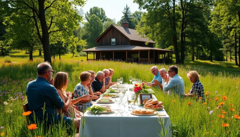 Lush green meadow with vibrant wildflowers, a rustic wooden farmhouse nestled in the distance, its charming porch beckoning. In the foreground, a long table adorned with a crisp white tablecloth, fresh produce, and artisanal dishware. Diners converse animatedly, savoring the farm-to-table feast under the dappled sunlight filtered through the surrounding trees. The air is filled with the aroma of homemade bread and sizzling local ingredients. A sense of community and connection permeates the scene, capturing the essence of Smoky Lake's culinary experiences.