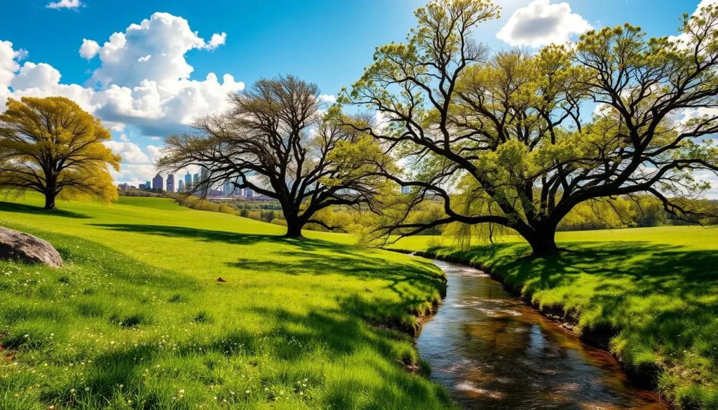 Lush green meadows dotted with blooming wildflowers, rolling hills and towering oak trees providing dappled shade. In the distance, the iconic skyline of Kansas City rises, framed by a brilliant azure sky with fluffy white clouds. A peaceful stream winds through the foreground, its gentle flow reflecting the surrounding landscape. Warm spring sunlight filters through the branches, casting a golden glow over the serene scene. Capture the essence of this vibrant, picturesque Midwestern spring in Kansas City.