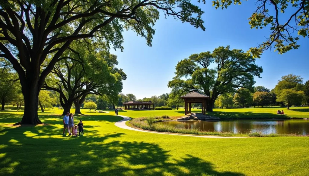 Lush green meadows dotted with towering oak trees, meandering pathways lined with fragrant blooms, and a serene pond reflecting the clear blue sky. Capture the tranquil atmosphere of Pittsford's idyllic parks and nature preserves. Sunlight filters through the canopy, casting a warm glow on the scene. A group of friends strolling leisurely, pausing to admire the scenery. In the distance, a family picnics on the grass, children chasing butterflies. Vibrant flora and fauna thrive in this oasis of urban green space, a haven for both recreation and relaxation.