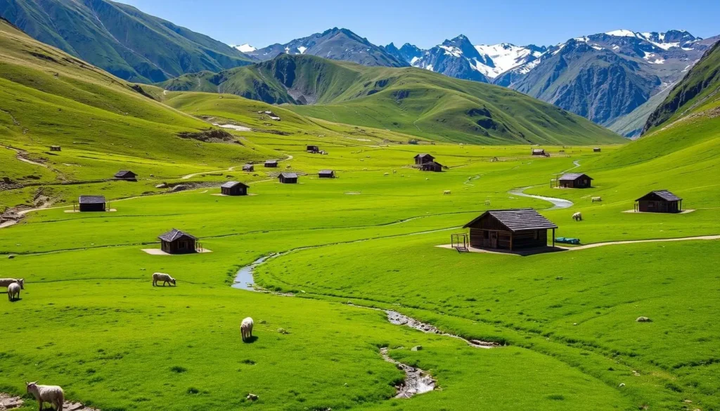 Lush green meadows of Basho Valley with traditional wooden houses and grazing livestock