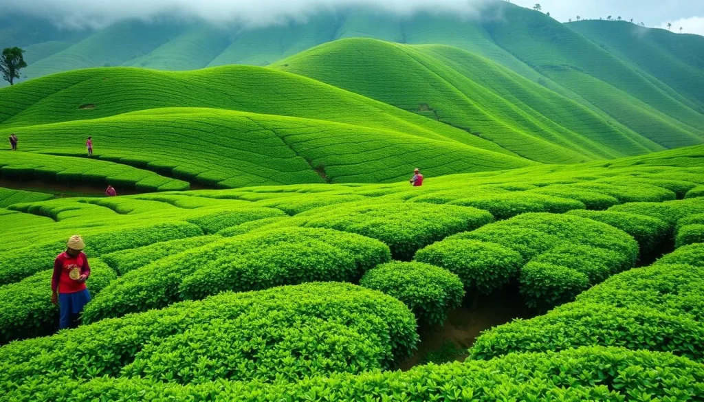 Lush green tea garden near Chattogram with workers plucking tea leaves