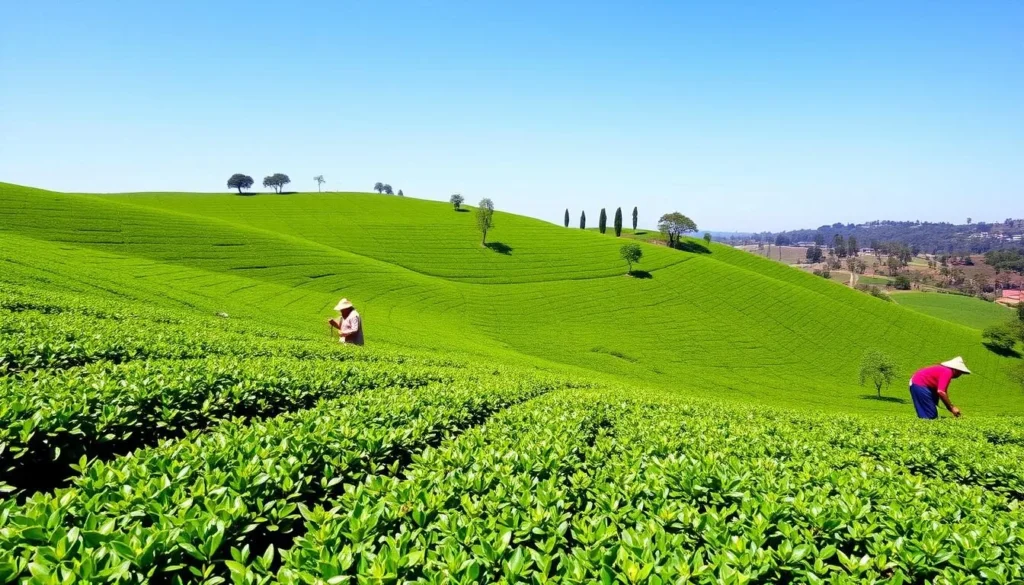 Lush green tea gardens near Jaflong with workers picking tea leaves Lush green tea gardens near Jaflong with workers picking tea leaves